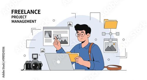 Freelance Project Management: Man working on laptop with camera and files