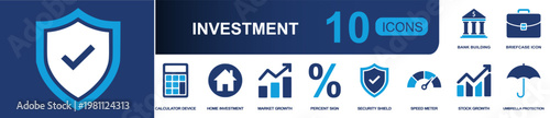 Investment icon set. Containing bank building, calculator, briefcase, home, market growth, percent sign, security shield, speed meter, umbrella protection and more. Solid fill vector icons.