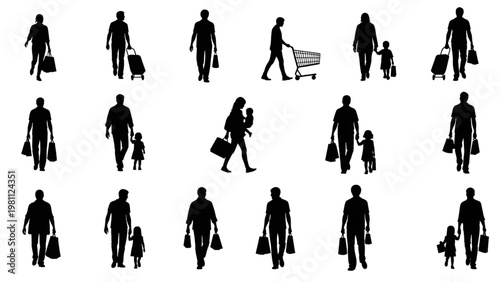 Top-Down Shopping Mall Visitors Architectural Blueprint Vector Set, 16 Isolated Elements, Clean Line Solid Silhouette Style, Urban Planning Illustration on White Background