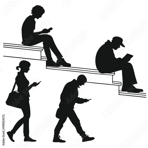 Silhouetted people are absorbed in their mobile devices while navigating an outdoor staircase
