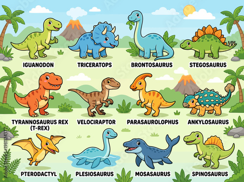 Colorful cartoon dinosaurs and prehistoric creatures in a lush, tropical landscape with volcanoes and palm trees, educational poster for kids, fun and playful style, prehistoric era, Jurassi