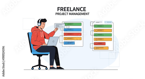 Freelance Project Management: Man working on laptop with project plan flowchart