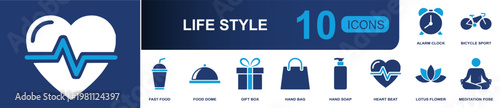 Lifestyle wellness icon set. Containing alarm clock, bicycle sport, fast food, food dome, gift box, hand bag, hand soap, heart beat, meditation pose and more. Solid fill vector icons.