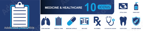 Medicine and healthcare icon set. Containing fetal scan, hand soap, lung anatomy, medical form, capsule, rib cage, stethoscope, tooth icon, vaccine shield and more. Solid fill vector icons.