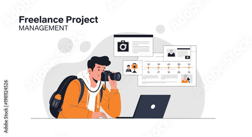 Freelancer managing projects with camera and laptop, project management concept