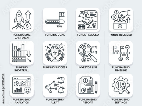 Flat design fundraising campaign and investment icons set, infographic elements, business and finance symbols with labels, fundraising analytics, settings, report, and goal achievement
