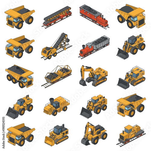 Collection of Construction and Mining Vehicles and Trains.