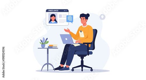 Freelancer working remotely on laptop, video call with client, online business concept