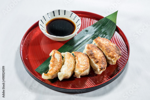 Pan fried dumplings with dipping sauce