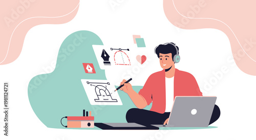 Graphic Designer Working on Digital Art with Laptop and Tablet, Creative Process
