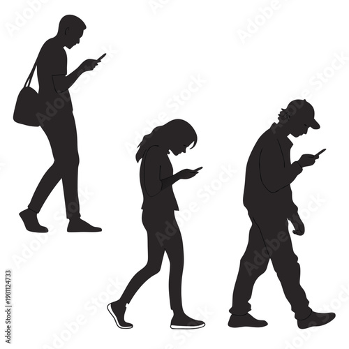 Silhouettes of three people walking and absorbed in their mobile phones high quality