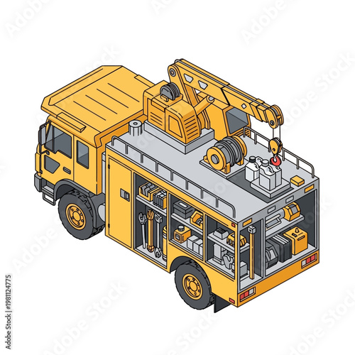 Yellow rescue crane truck with equipment and tools.