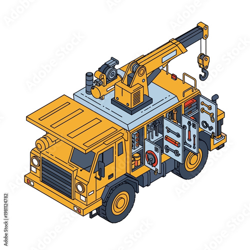 Yellow construction crane truck with open tool compartments.