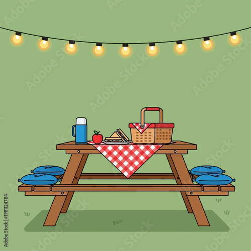 Summer picnic table vector illustration, outdoor wooden bench with food and basket, garden party scene with string lights and snacks