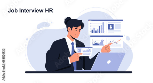 HR Manager Analyzing Data and Interviewing Candidate with Laptop and Charts