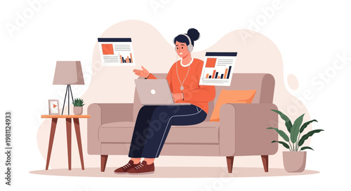 Woman working remotely on laptop, presenting charts from home office couch