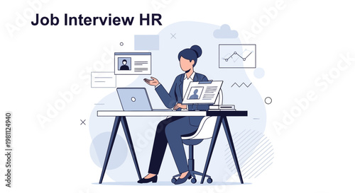 HR Manager Conducting Job Interview at Desk with Laptop and Resumes