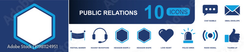 Public relations icon set. Containing chat bubble, email envelope, festival banner, headset, hexagon badge, heart, siren, radio signal, thumbs up and more. Solid fill vector icons.