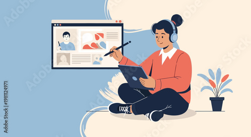 Young designer using tablet and stylus for digital art, online learning, remote work