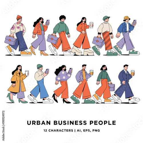 A diverse group of stylish people are walking carrying briefcases and drinks