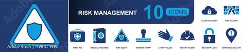 Risk management icon set. Containing cloud security, fire hazard, first aid, medical records, risk alert, glove, helmet, security lock, warning pin and more. Solid fill vector icons.