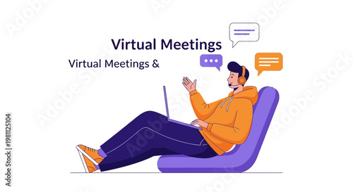 Young man in headphones on a couch with a laptop, virtual meetings concept