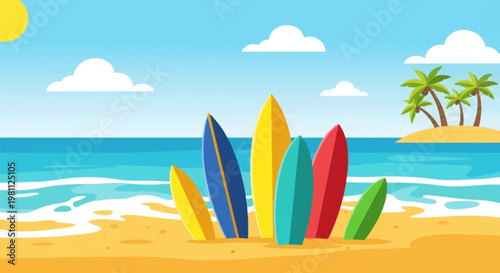 Colorful surfboards standing upright on a sandy beach.