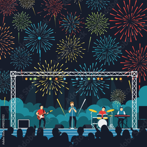 Outdoor music festival stage with rock band performing under fireworks, live concert event vector illustration, night celebration with crowd silhouettes