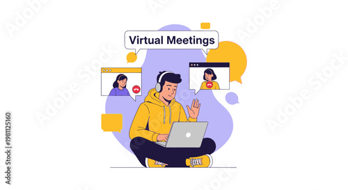 Young man in headphones attending virtual meeting on laptop, online communication