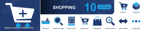 Shopping icon set. Containing add cart, closed box, magnifying glass, receipt ticket, secure cart, shopping bag, shopping search, swap arrows, rating stars and more. Solid fill vector icons.