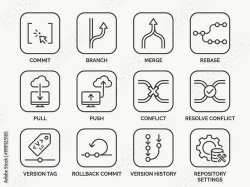 Git Version Control System Icons Set, Flat Line Style, Software Development Concepts, Repository Management, Coding Collaboration Tools