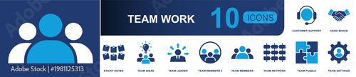 Teamwork collaboration icon set. Containing customer support, handshake, sticky notes, team ideas, leader, members, network, puzzle, team settings and more. Solid fill vector icons.