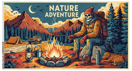 Detailed retro illustration of a skeleton skull hiker relaxing by a crackling campfire with a dog in a vibrant mountain wilderness under a starry night vector design