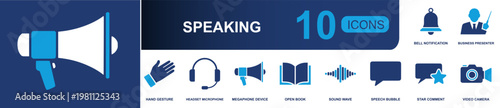 Speaking icon set. Containing notification bell, presenter, hand gesture, headset microphone, megaphone, open book, sound wave, speech bubble, video camera and more. Solid fill vector icons.