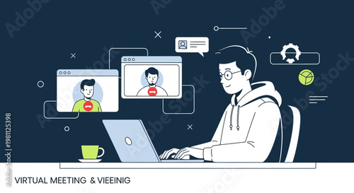 Young man in virtual meeting on laptop, online conference call, remote work concept