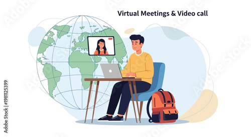 Young man in virtual meeting with colleagues around the world