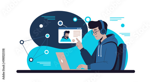 Young man with headphones learning online via laptop and video call