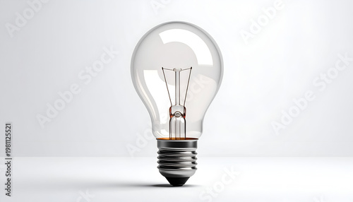 A clear glass light bulb stands prominently against a plain white background, showcasing its internal filaments.