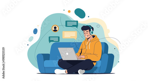 Young man with headphones on couch using laptop, online communication concept