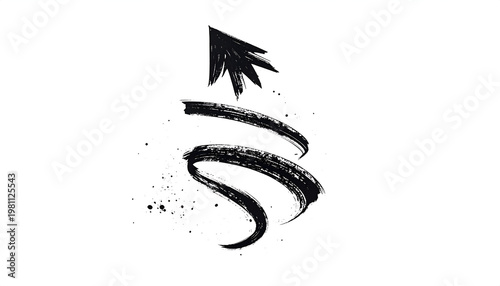 A striking black and white abstract image features a dynamic, swirling brushstroke resembling a stylized tree or upward-reaching form against a clean white background.
