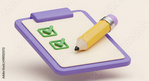 A stylized image depicts a purple clipboard with two green checkmarks and a yellow pencil resting on top, suggesting completion and task management.