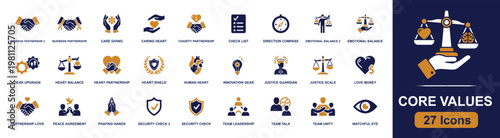 Core values icon set. Containing partnership, caring heart, justice scale, team unity, security shield, compass, praying hands, watchful eye, leadership and more. Solid fill vector icons.