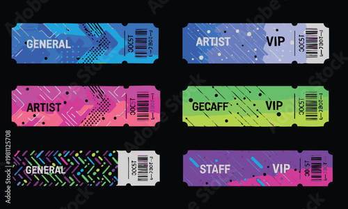 Set of Event Wristband and Festival Ticket Templates with Colorful Geometric Patterns and Barcodes for Concerts Parties and VIP Access