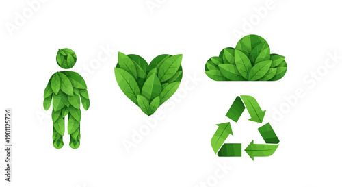 Eco friendly symbols made of green leaves on white background