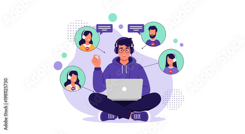 Young man with laptop connecting with people online, virtual communication concept