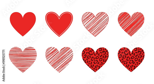 A collection of eight hearts with different patterns