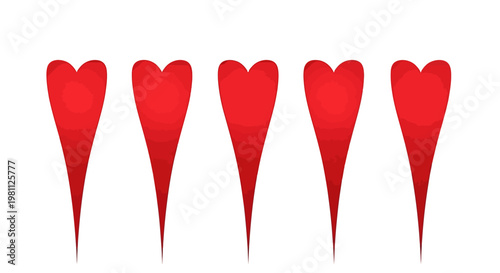 Five red hearts on white background