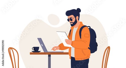 Young Man Working on Laptop with Backpack and Coffee at Cafe Table