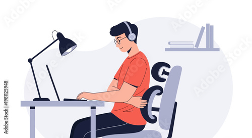 Young man working on laptop with headphones, ergonomic chair, desk lamp, and books