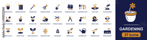 Gardening icon set. Containing garden bucket, rake, pruning shears, shovel, gardening gloves, watering can, spray bottle, potted plant, plant seedling and more. Solid fill vector icons.